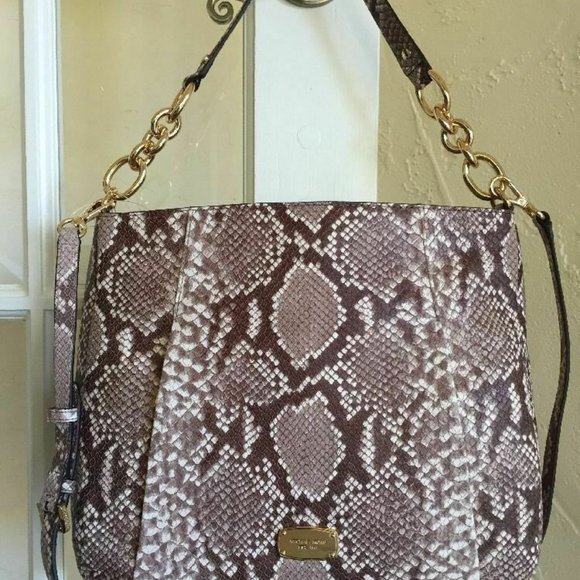 Michael Kors Hallie Convertible Shoulder Bag Embossed Leather - Dark Sand Python - Picture 3 of 7